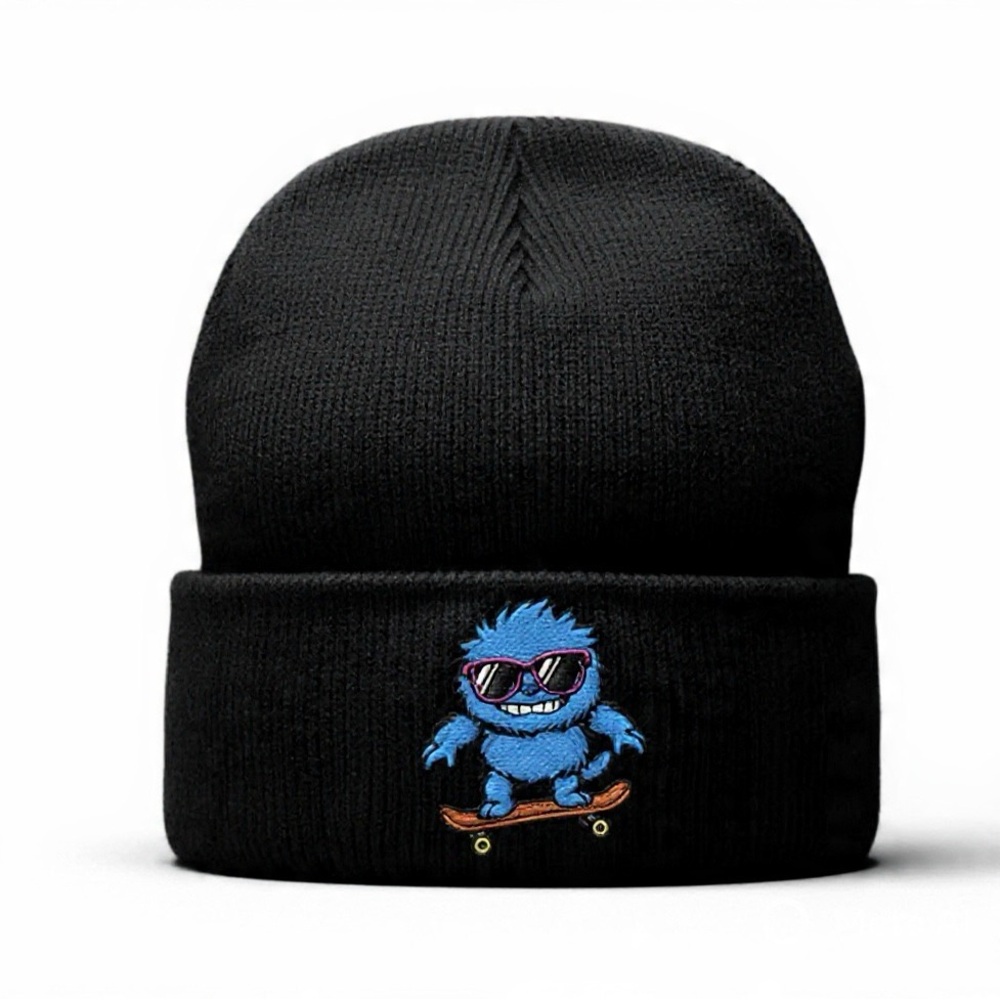 Black Beanie with Blue Monster on Skateboard